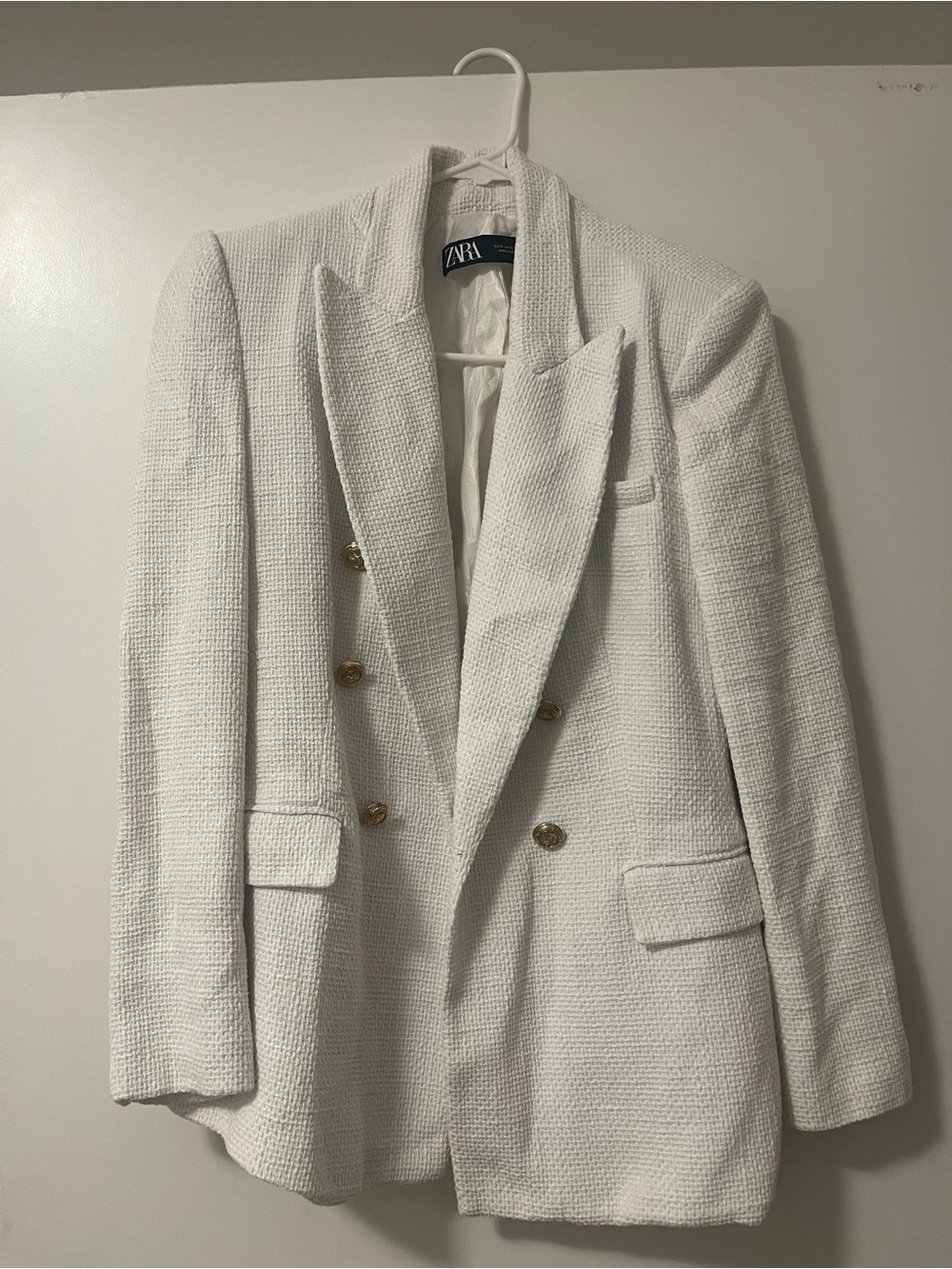 ZARA White Textured Double-Breasted Blazer with Gold Buttons